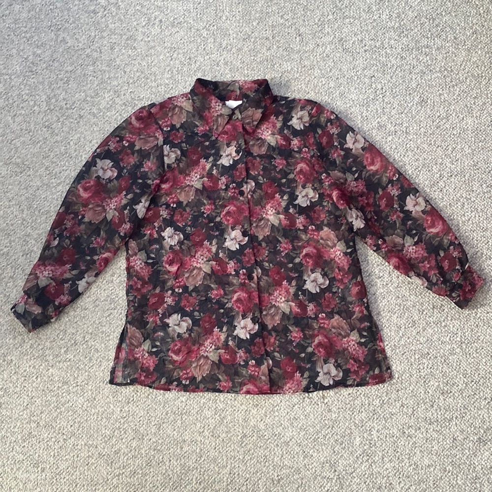 Sheer Floral Print Button Down Shirt